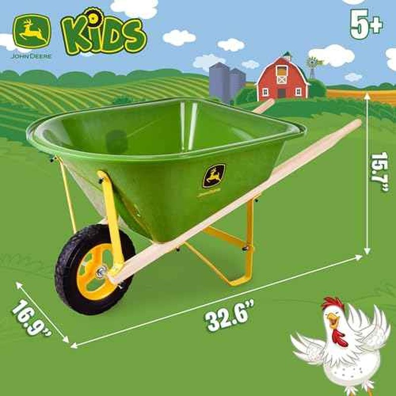 John Deere Deluxe 34" Wheelbarrow and Garden Set Includes 5 Realistic Gardening Tools,Gardening Apron, Gardening Gloves, Large Metal Wheelbarrow with Wooden Handles, Outdoor Toy Ages 5+