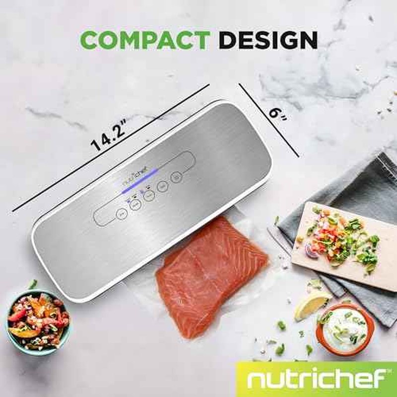 NutriChef Vacuum Sealer Machine ? Compact Silver Vacuum Sealing System with Dry & Moist Modes, LED Indicators, Starter Kit & Extra Bags ? Ideal for Food Preservation, Meal Prep & Sous Vide Cooking