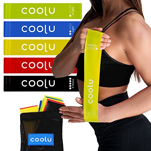 COOLU Mini Resistance Loop Bands – Set of 5 Stretching Training Bands for Home Workout, Fitness, Gym, Physical Therapy, Exercise, Yoga, Pilates for Women and Men – with Special Carry Bag