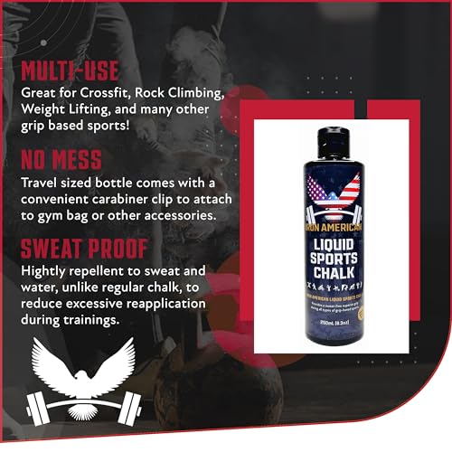 IRON AMERICAN Liquid Sports Chalk - Weightlifting Hand Chalk Mess Free Travel Bottle Chalk Long Lasting Strong Grip for Training Gymnastics Rock Climbing Weight Lifting (1-Pack (250 ML Bottle))