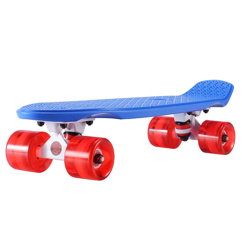 Playshion Kids Skateboard | 22" x 6" | Sturdy Fiberglass Deck Components - Hold up to 220 lbs | Designed for Boys, Girls and Teens (Blue/Clear Red)