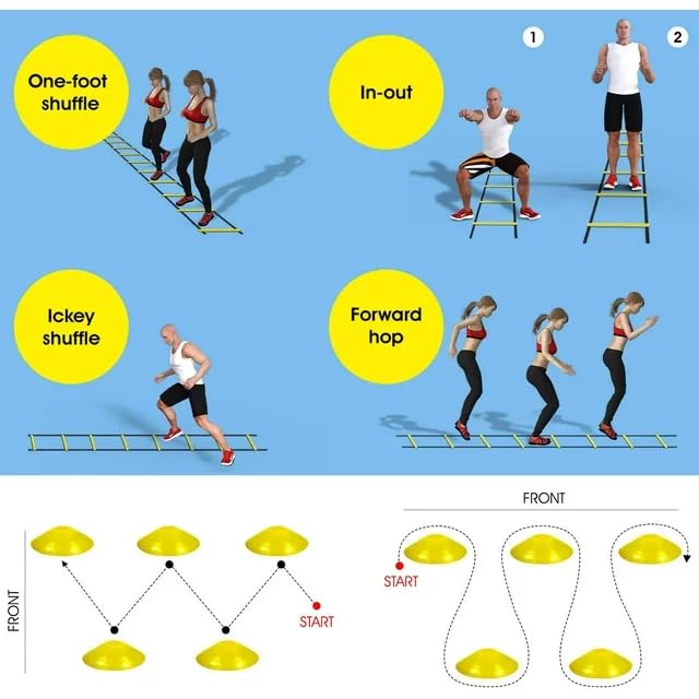 Yes4All Ultimate Combo Agility Ladder Training (Yellow) Set – Speed Agility Ladder Yellow 12 Adjustable Rungs, 12 Agility Cones & 4 Steel Stakes - Included Carry Bag