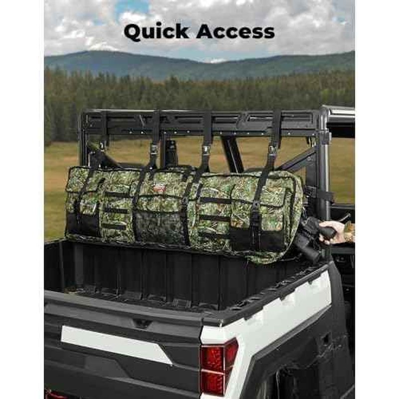 KEMIMOTO Double UTV Tool Bag Rack, Hunting Tool Holder Rack Soft Carrier Case Rear Roll Cage, Bow Storage Bag Compatible with Polaris Ranger Mule Uforce, Most General UTVs (Green Camo)