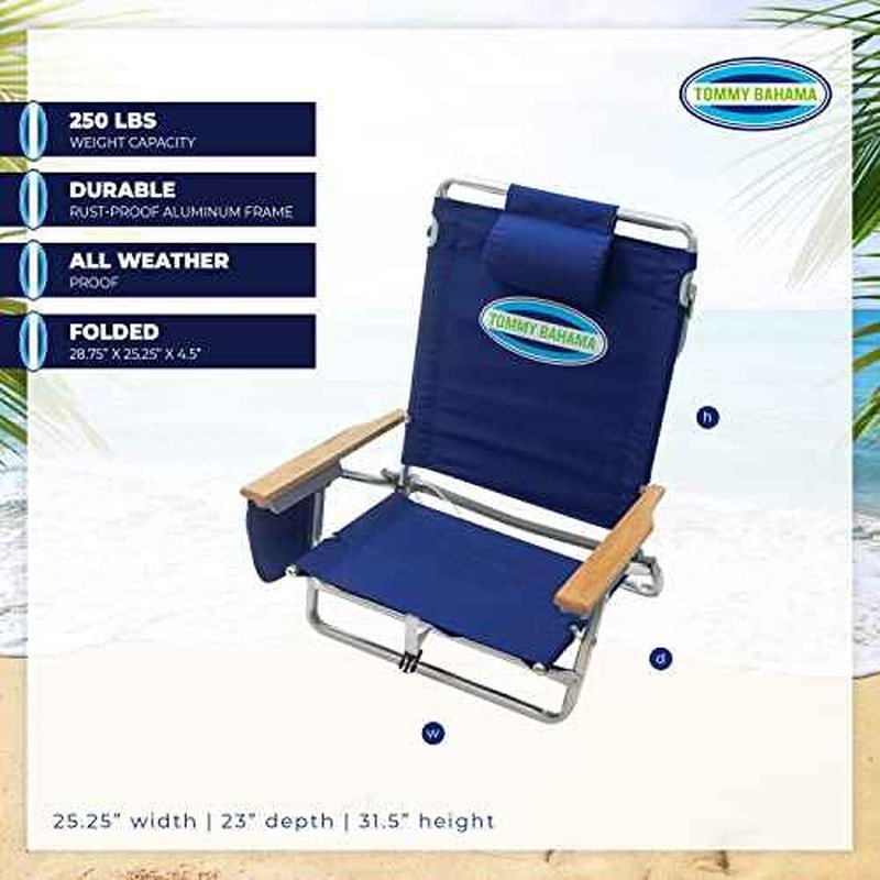 Tommy Bahama 5-Position Classic Lay Flat Folding Backpack Beach Chair, Polyester, Navy