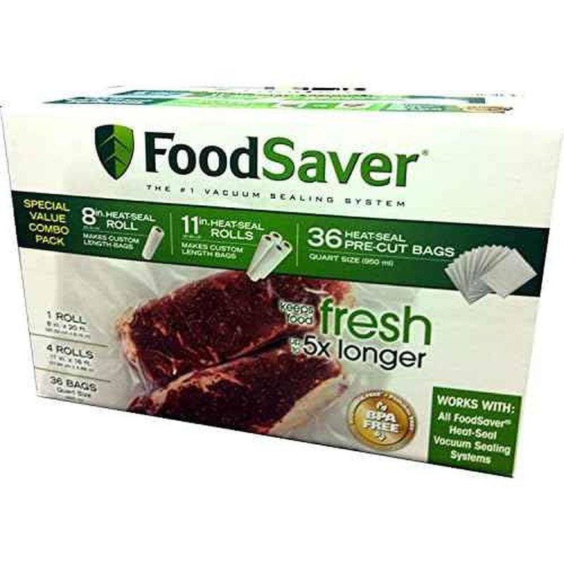 FoodSaver Special Value Vacuum Seal Combo Pack 1-8"Roll; 4-11"Rolls; 36 Pre-Cut Bags