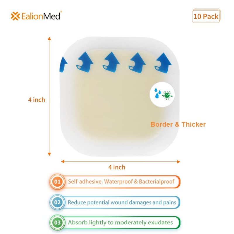 Hydrocolloid Bandage, Hydrocolloid Wound Dressing with Border 4''x4'' for Light to Medium Exudate Wound, Pressure Ulcer, Bed Sore, Surgical Wound,Superficial Wound, 10 Pack by EalionMed