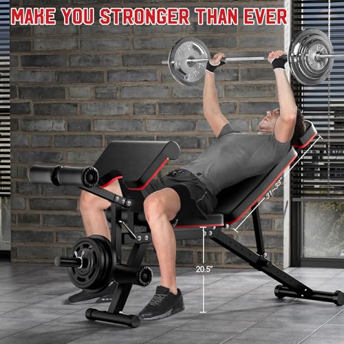 XDDIAS Workout Bench, Weight Bench with Leg Extension and Weights, Included 2 * 10LBS+2 * 25LBS Bumper Plates, Extended Headrest, Adjustable Exercise Bench for Home Gym for Full Body