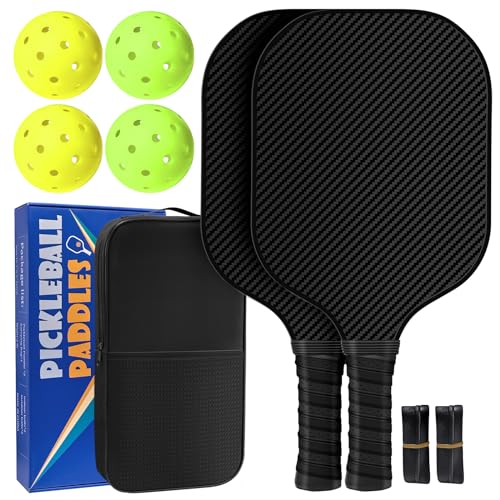 Carbon Fiber Pickleball Paddles, Anti-Slip Sweat-Absorbing Cushion Comfort Grip, 2 Paddles & 4 X-40 USAPA Standard Outdoor Pickleball (USAPA Approved for Tournament Play), 2 Grip Tapes, 1 Carry Bag