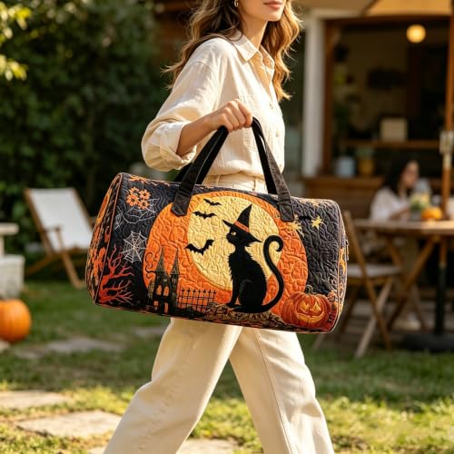 Large Purple Halloween Quilted Duffle Bag for Women - Trick or Treat Tote with Pumpkin Ghost Print, 2026 Capacity