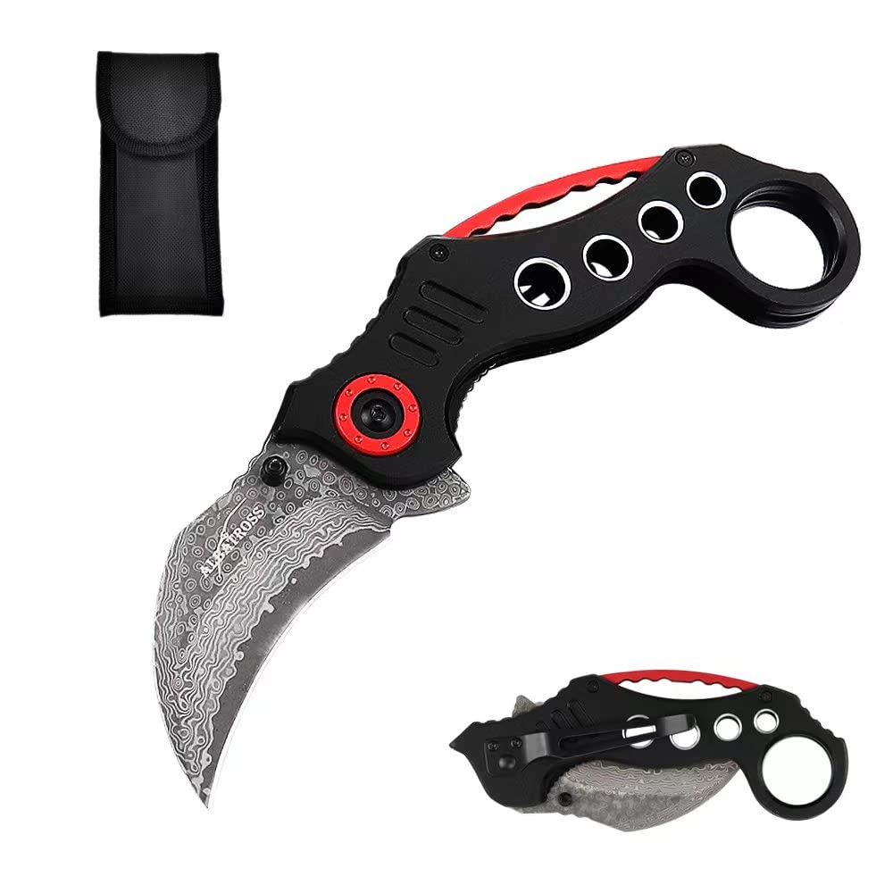 ALBATROSS EDC Cool Spring Assisted Folding Pocket Knives Tactical Sharp Raptor Claw Knife (Black/Damascus)