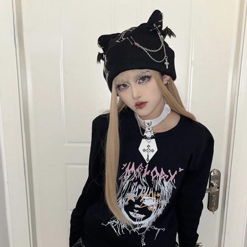 Y2K Gothic Grunge Cat Ear Bat Wing Black Beanie Hat Harajuku Punk Cross Chain Knitted Hat Women Chic Streetwear (Black)