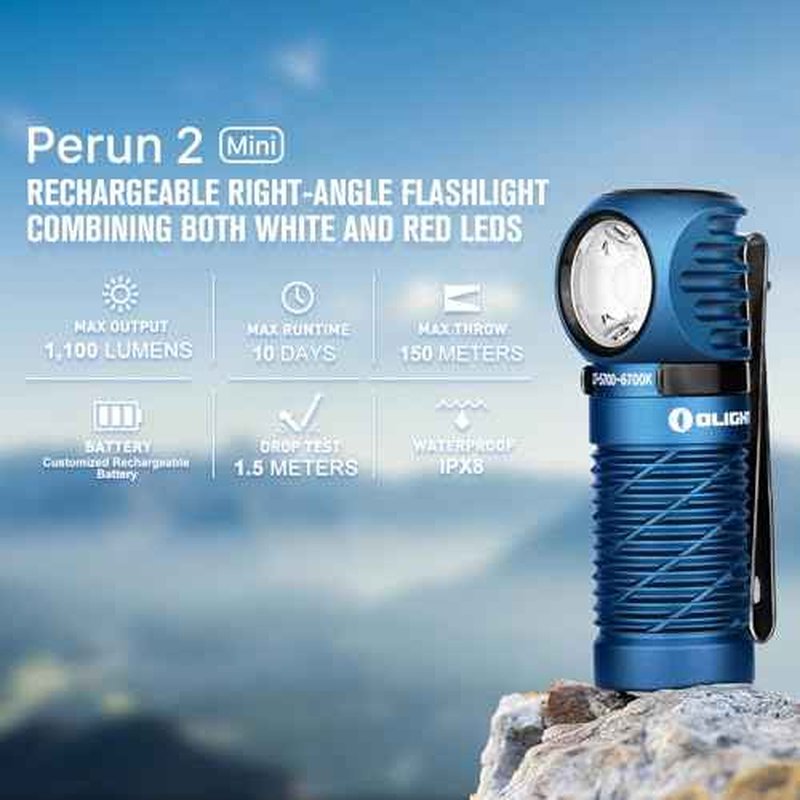 OLIGHT Perun 2 Mini Headlamp 1100 Lumens LED Head Flashlight, Rechargeable Headlight with Red Light Option, Great for Working, Camping(Midnight Blue Cool White)