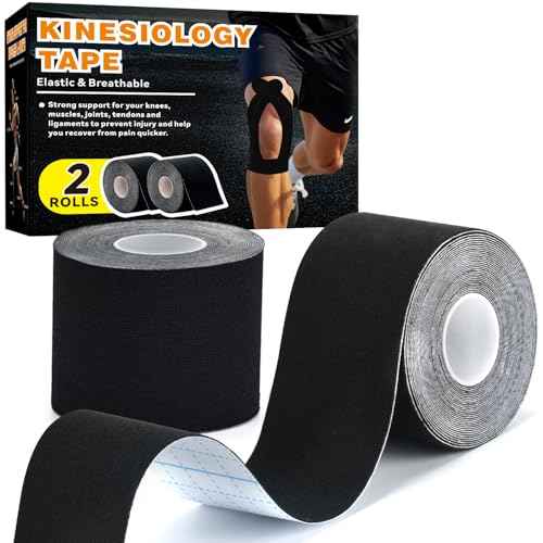 Kinesiology Tape for Knees & Shoulder -2 Rolls Elastic Athletic Sports Tape for Knee Pain Relief, Muscle Strain Relief, Joint Support & Plantar Fasciitis, Waterproof, Breathable & Zero Latex, Black
