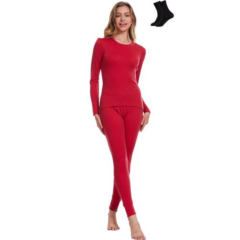 MERINNOVATION Merino Wool Base Layer Set for Women 100% Merino Wool Thermal Underwear Set Base Layer Top and Bottom Red 250 L