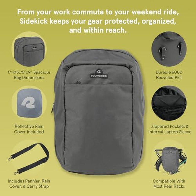 Retrospec Sidekick Single & Dual Pannier Bike Bag - Waterproof Commuter Pannier with Laptop Sleeve, Reflective Rain Cover & Carry Strap - Eco-Friendly 600D rPET - 17" Large Capacity