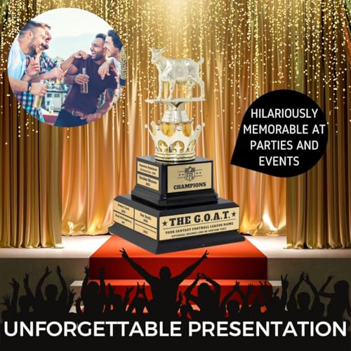 Alpha Awards Large Custom Goat Trophy for Fantasy Football League-G.O.A.T.-Greatest of All Time Funny Trophy-Traveling Perpetual Award-Personalized Laser Engraved Plate (Large Custom FFL G.O.A.T.)