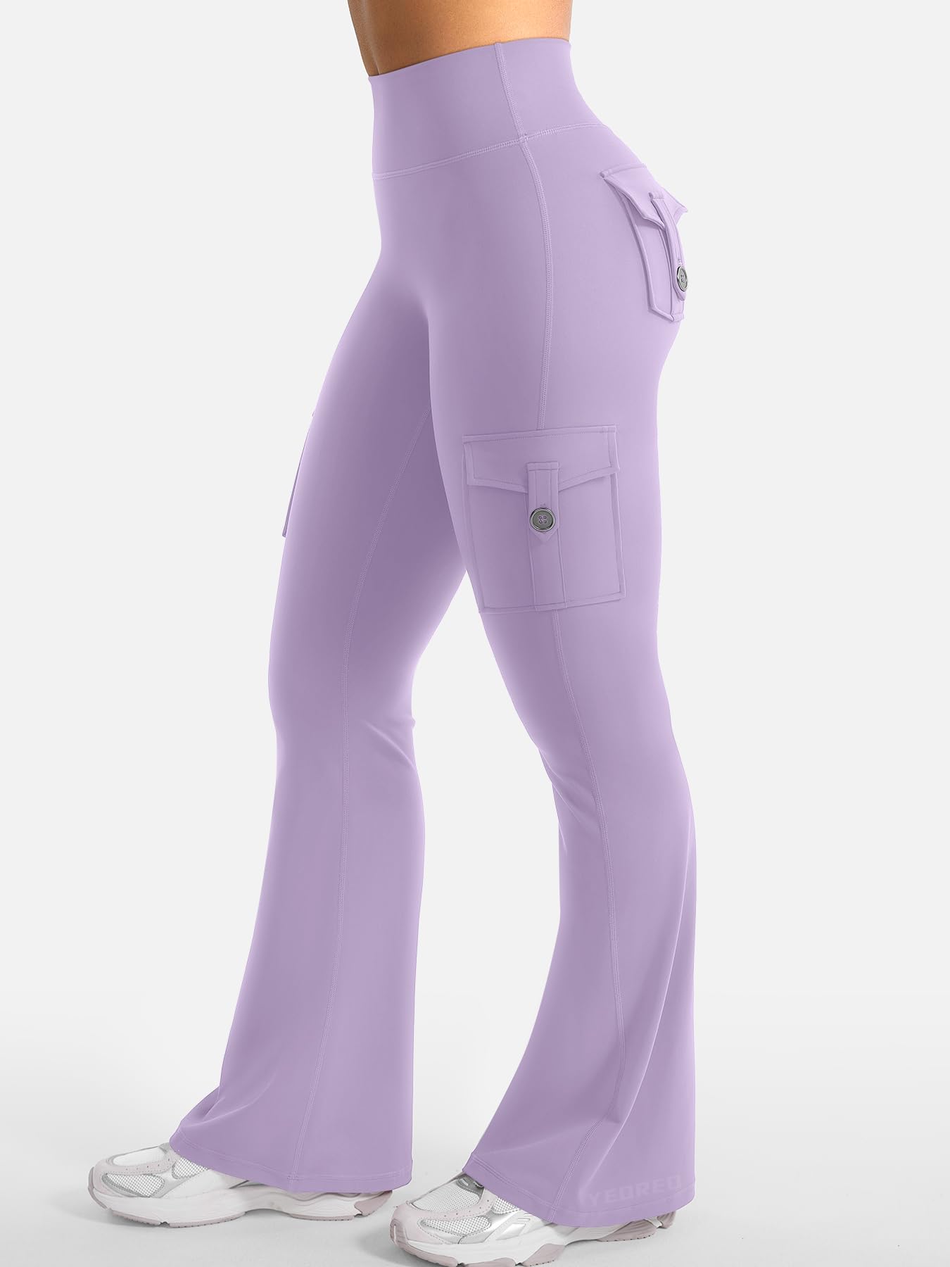 YEOREO CoreFlex Women Workout Flare Leggings with Pockets Hidden Scrunch High Waisted Cargo Gym Yoga Leggings Fog Purple XXL