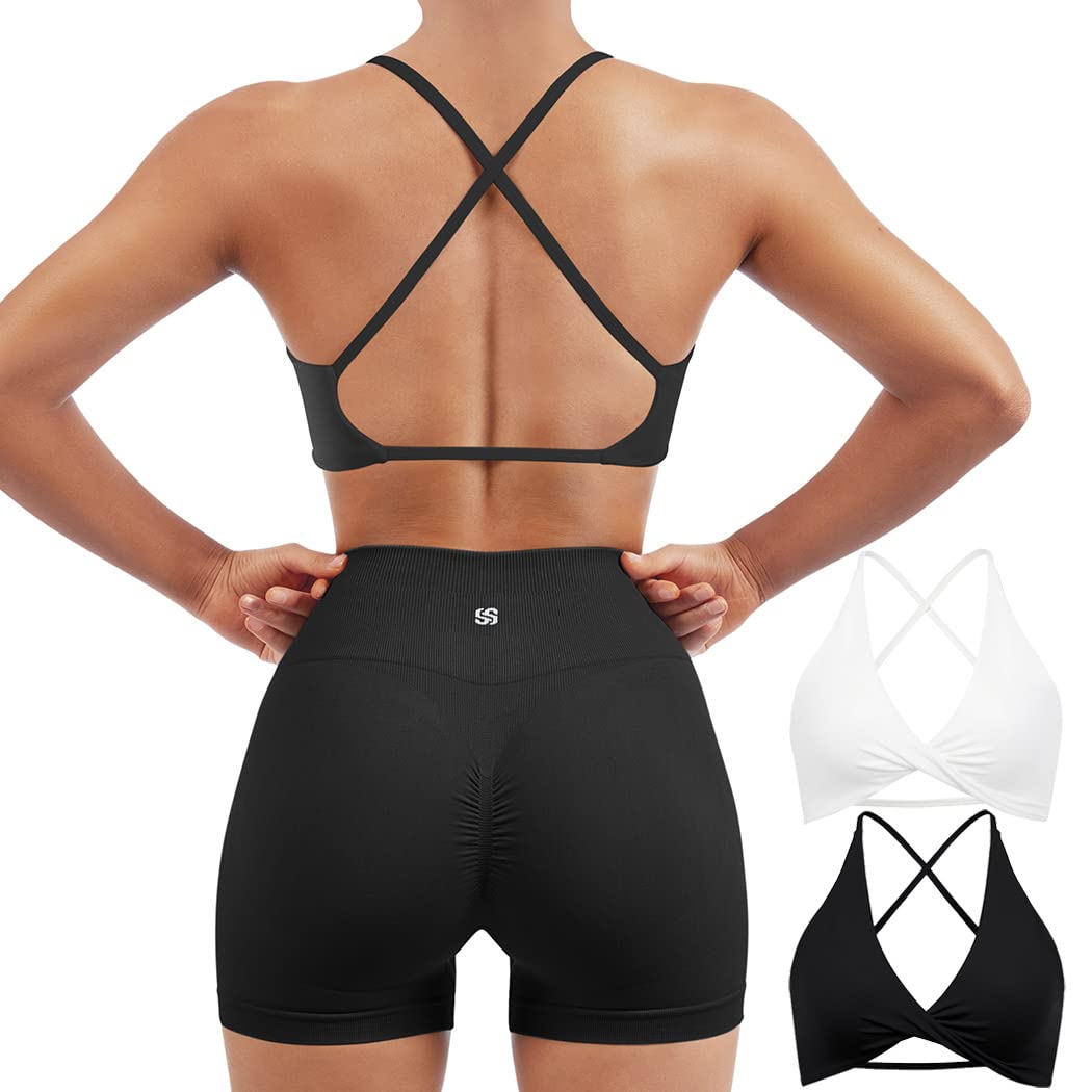 SUUKSESS Women 2 Piece Open Back Strappy Sports Bra Pack Twist Front V Neck Padded Workout Crops (#2 White & Black, M)