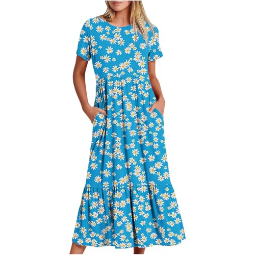 todays deals Summer Dresses for Women 2024 Pleated Floral Dress Short Sleeve Tshirt Dress Casual Boho Vacation Maxi Dresses #06 Light Blue Large