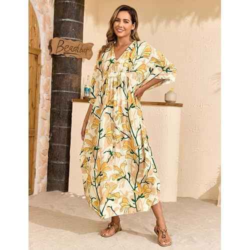 MAKABO Kaftan Dresses for Women, Summer Hawaii Swimsuit Cover Up, V Neck Caftan Beach Vacation Print Dress
