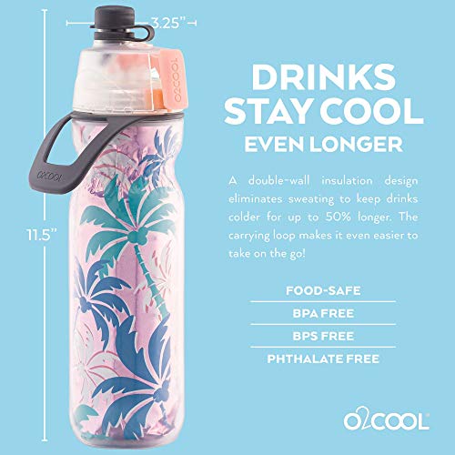 O2COOL Mist 'N Sip Misting Water Bottle 2-in-1 Mist And Sip Function With No Leak Pull Top Spout Sports Water Bottle Reusable Water Bottle - 20 oz (Pink Palm Tree)