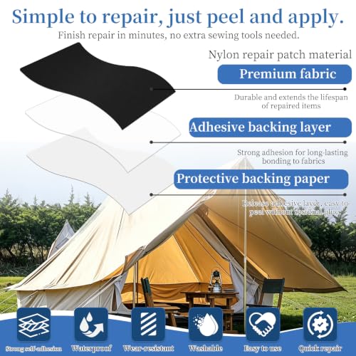 Fadoub Black Nylon Tent Repair Tape Self-Adhesive Fabric Patch Kit for Outdoor Gear