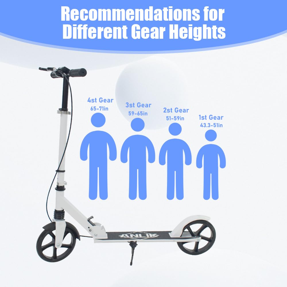 ANLIK Kick Scooter for Ages 6+ Kids, Teens & Adults - Foldable, Non-Slip PU Wheels, 4 Adjustable Levels, Max Load 330 LBS, Smooth Ride Everywhere (White)