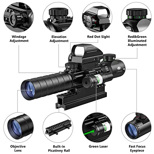 MidTen 3-9x32 4-in-1 Scope Combo with Dual Illuminated Scope Optics & 4 Holographic Reticle Red/Green Dot Sight & IIIA/2MW Laser Sight Rangefinder Illuminated Reflex Sight & 20mm Mount