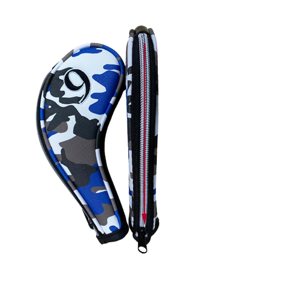 9pcs PU Leather Camouflage Blue Zipper Long Neck Design Golf Iron Headcovers Both Side Number Golf Iron Club Head Cover LH RH Covers #4-9,P,S,A