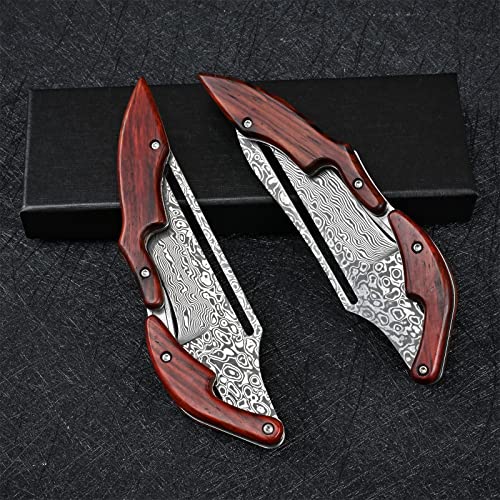 SDOKEDC Damascus Steel Folding Knife Tactical Military Pocket Knife Yellow Sandalwood Handle Mechanical Lock Outdoor Camping Survival Hunting Self Defense Multitool (Curved blade)