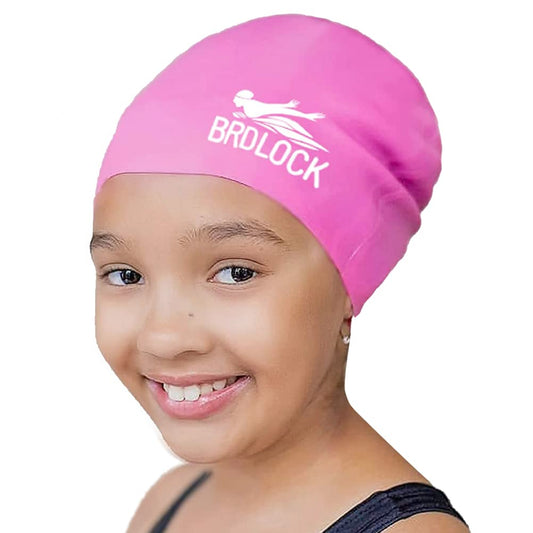 BRDLOCK Kids Swim Caps for Long Hair, Silicone Swim Cap for Girls Boys Kids Teens with Long Hair, Waterproof Swimming Cap Design for Afro Hair/Curly Hair/Long Hair Extensions (Pink, X-Small)