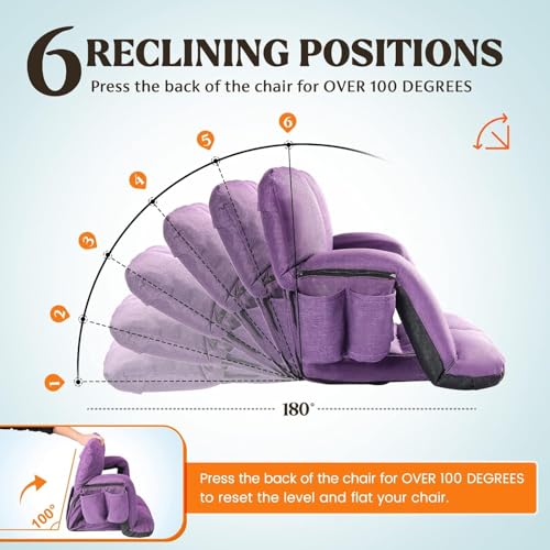 Wide Stadium Seats with Back Support, Bleacher Chairs with Comfy Cushion, 6 Reclining Positions, Portable Stadium Chair Bleacher Seat with Armrests for Outdoor Sport Events, Camping, Beaches (Purple)