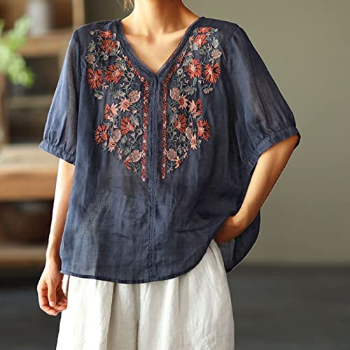 linen shirts for women Womens Linen Embroidered Blouse Plus Size 3/4 Sleeve T-Shirts Lightweight Boho Embroidered Peasant Shirts Button Up peasant tops for women deals of The day clearance