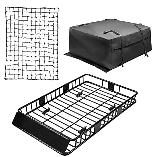 Leader Accessories Roof Rack Cargo Basket Set, Cargo Carrier Bag 15 Cubic Feet Capacity with Car Top Luggage Holder Adjustable Length 43/64 inches Cargo Net 3' x 4' for SUV, Van, Sedan,Jeep