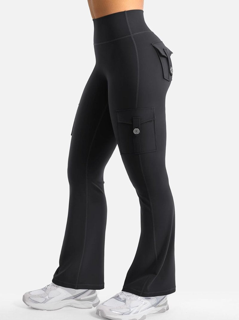 CoreFlex Women's Workout Flare Leggings - High Waisted, Hidden Pockets, No Front Seam | Cargo Gym Yoga Pants