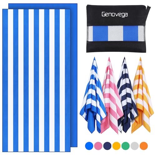 Genovega Microfiber Beach Towel Lightweight Thin Oversized Sandproof Compact Quick Dry Clearance Towels Extra Large Sand Free Pool Travel Beach Essentials Accessories Women Men Adult Gift Blue Stripe