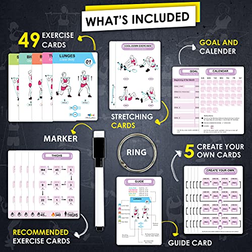 Flexies Pilates Bar Workout Cards - 58 Exercise Cards with Pilates Stick Work Out Postures, Instructions & Breathing Tips | Free Ring & Dry-Erase Marker to Create Your Customize Workout Planner chart