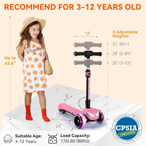 24V Electric Scooter for Kids w/150W Powerful Motor, Thumb Throttle, LCD Screen, Bluetooth, Light-Up Stem Deck & Wheels, 3 Adjustable Heights, 5MPH Safe Speed, 3 Wheel Electric Scooter for Kids, Pink