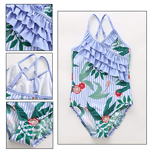 Big Girls One Piece Swimsuit Hawaiian Ruffle Swimwear Floral Bathing Suit Green Size 10