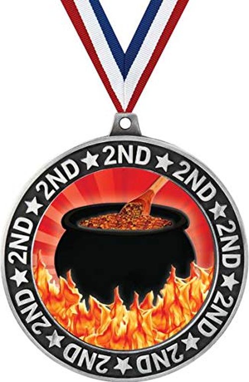 Chili Cook Off Second Place Medals, 2 3/4" Silver Flaming Hot Chili Pot Trophy Medal Award 5 Pack Prime