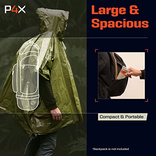 PREPARED4X Emergency Poncho Blanket with Mylar Blanket Liner - Survival Blankets for Car - Heavy Duty, Waterproof Camping Gear– 4 Pack (Green)