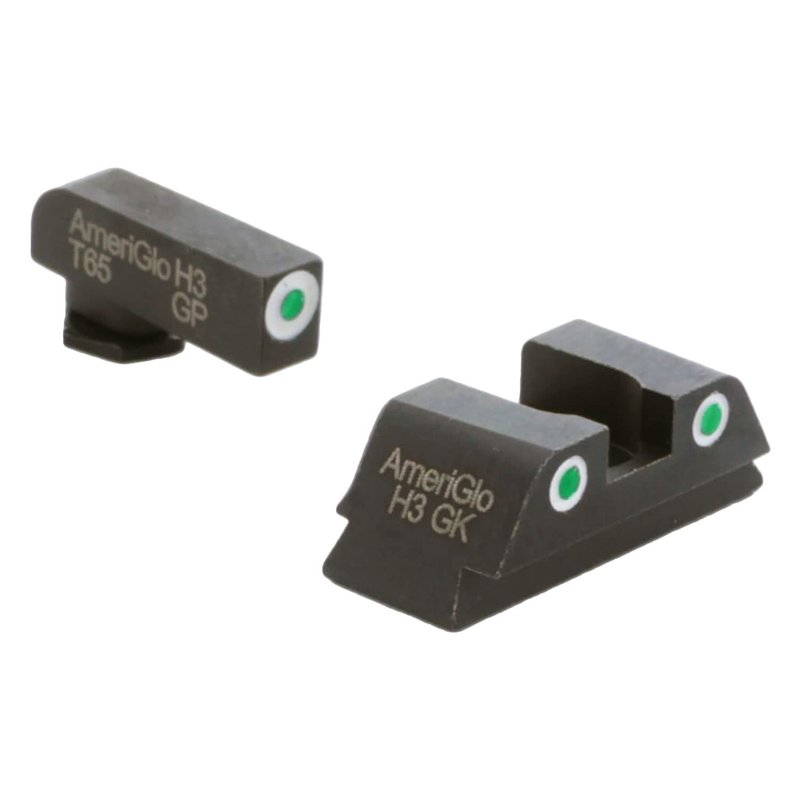 AMERIGLO Classic Tritium Green Tritium FRONT/ 2-Dot Tritium REAR White Outlines Sight Set Compatible with Glock 42,43,43X,48, Green/White