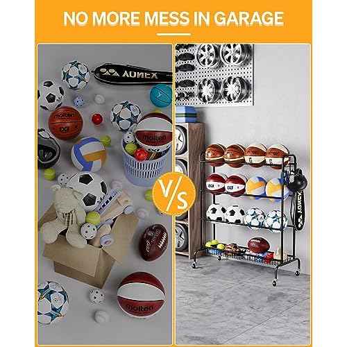 Basketball Rack, Rolling Basketball Shooting Training Stand,Sports Equipment Storage with Wheels, Four-Layer Organizer Holder with Two Basket for Basketballs Footballs Volleyball