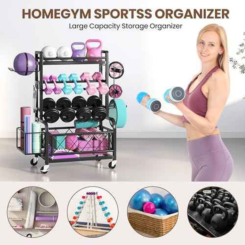 Yaheetech Dumbbell Rack Yoga Mat Storage Rack Home Gym Workout Equipment Rack Stand w/Hooks & Wheels for Dumbbells, Kettlebells, Yoga Ball, Max Load 400lb