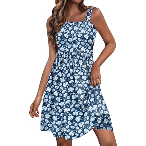 Sundresses for Women 2024 Plus Size, Tanks A Line Sundress Ladies Cute Ball Gown Summer Square Neck Tunic Dress Frilly Loose Polyester Floral Soft Tunic Dress Ladies Dark Blue