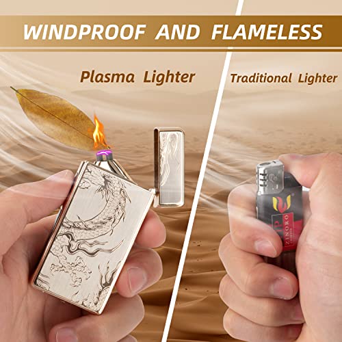 LcFun Electric Lighters Rechargeable USB Lighter, Plasma Dual Arc Lighter, Windproof Flameless Cool Lighters for Candles, Incense Stick, Outdoor Camping (Gold Dragon)