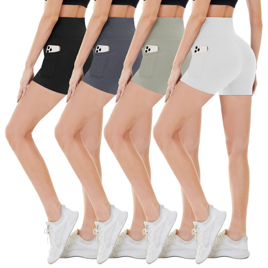 CAMPSNAI 4 Pack Biker Shorts Women with Pockets – 5"/8" High Waist Tummy Control Workout Gym Yoga Running Compression Shorts