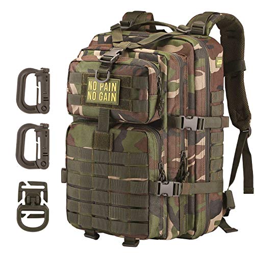 Hannibal Tactical MOLLE Assault Backpack, Tactical Backpack Military Army Camping Rucksack, 3-Day Pack Trip w/Patch, D-Rings, Woodland