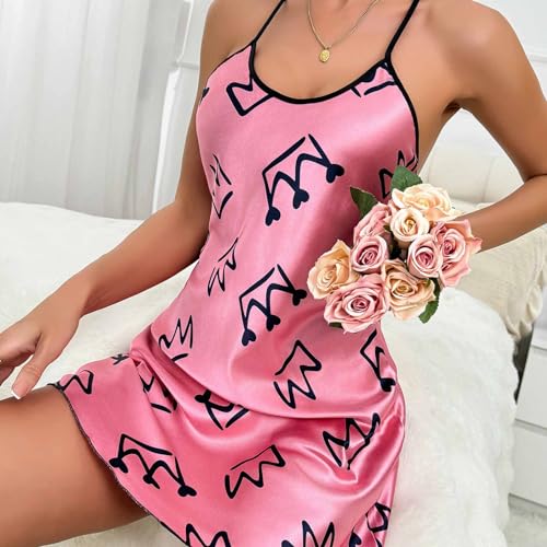 Womens Nightdress Fashion Print Sexy Backless Ice Silk Sling Pajamas Dresses Nightgowns Chemise Sleepwear Lingerie Style001 Pink Small