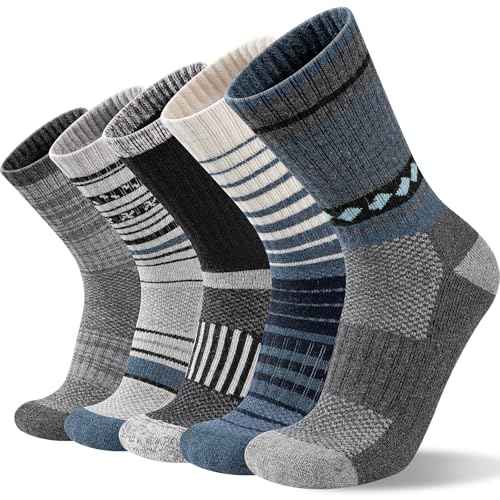 Merino Wool Hiking Socks for Men Moisture Wicking Cushion Thermal Warm Winter Crew Outdoor Boot Socks(5 Pairs)